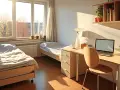 Chambre d'étudiant lumineuse avec deux lits, un bureau et un ordinateur portable. Idéal pour étudier et se détendre, loin des préoccupations du loyer moyen aux États-Unis.