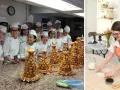 Élèves en cuisine posant avec des pièces montées de croquembouches, une spécialité du cordon bleu patisserie.