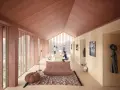 Intérieur lumineux d'un logement étudiant suisse en bois, avec vue sur les montagnes. Un espace convivial pour étudier et se détendre.