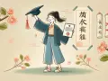 Jeune diplômée tenant son chapeau et son diplôme, célébrant l'obtention de sa licence chinois à distance. Fleurs de cerisier en arrière-plan.