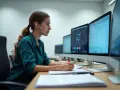 Femme en formation audioprothésiste reconversion, concentrée sur ses écrans d'ordinateur, prenant des notes.