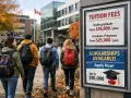 Étudiants marchant sur un campus canadien, panneau affichant les frais de scolarité et les bourses, reflétant le niveau de vie au Canada.
