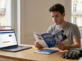 Un jeune homme lit une brochure sur le CAP Agent de Sécurité Privée, devant son ordinateur. Il prépare son avenir professionnel.