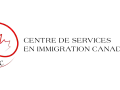 Logo rouge sur fond noir, une feuille d'érable stylisée dans une spirale, symbolisant un master au Canada.