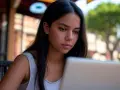 Jeune femme concentrée sur son ordinateur portable, peut-être en train d'étudier pour l'université fédérale de Santa Catarina.
