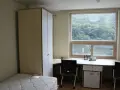 Chambre simple pour un logement étudiant à Séoul, avec un lit, une armoire, un bureau avec mini-frigo et une vue sur la verdure.
