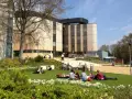 Étudiants profitant du soleil sur la pelouse devant le bâtiment de la **université de Southampton**.
