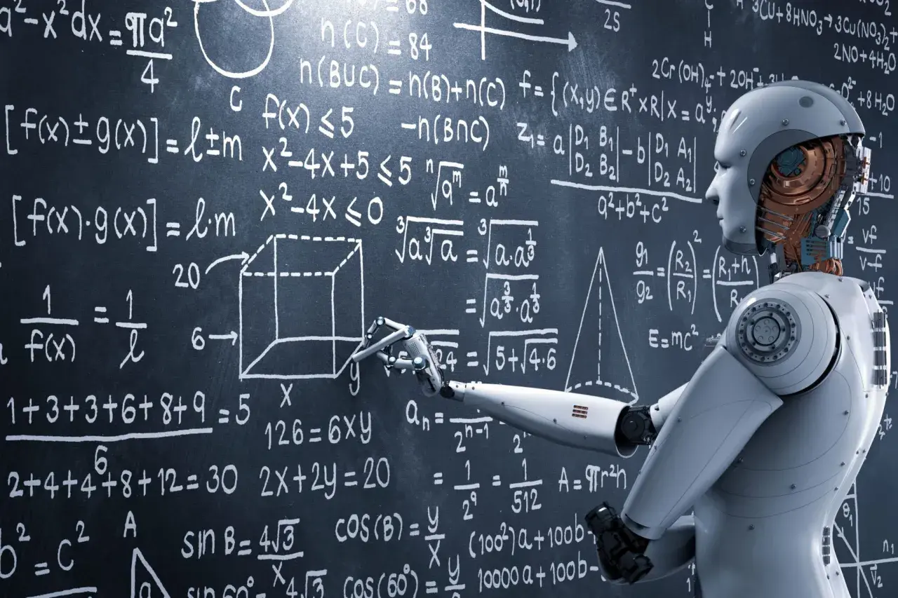 Un robot enseigne le master intelligence artificielle à distance, pointant des équations complexes sur un tableau noir.