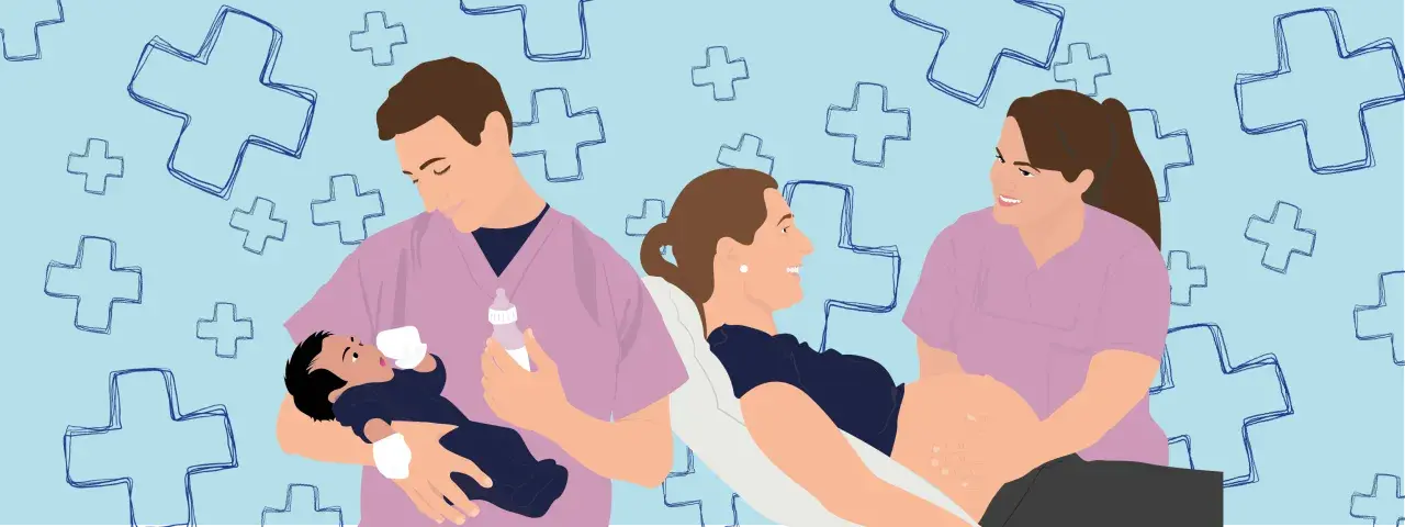 Un homme et une femme en uniforme rose s'occupent d'une femme enceinte et d'un bébé. Une scène d'étude sage femme.