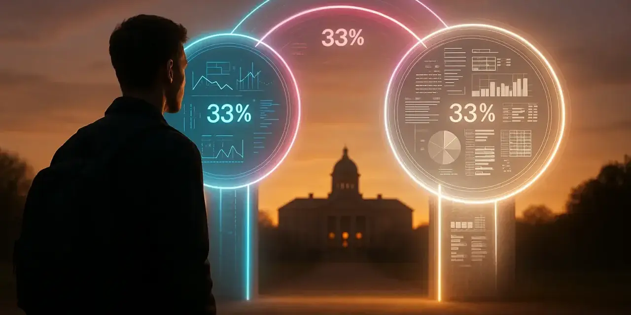 Un jeune homme regarde des cercles lumineux affichant des graphiques et "33%", symbolisant peut-être la préparation au GMAT test.