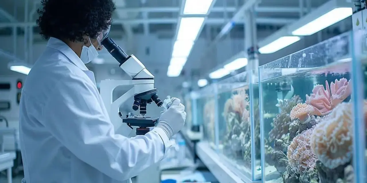 Chercheuse en blouse blanche examinant des coraux au microscope, dans le cadre de sa licence biologie marine.