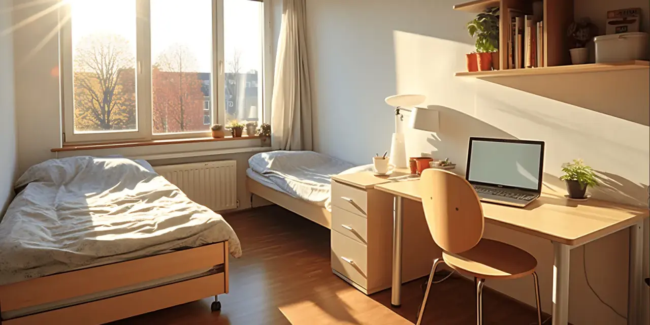 Chambre d'étudiant lumineuse avec deux lits, un bureau et un ordinateur portable. Idéal pour étudier et se détendre, loin des préoccupations du loyer moyen aux États-Unis.