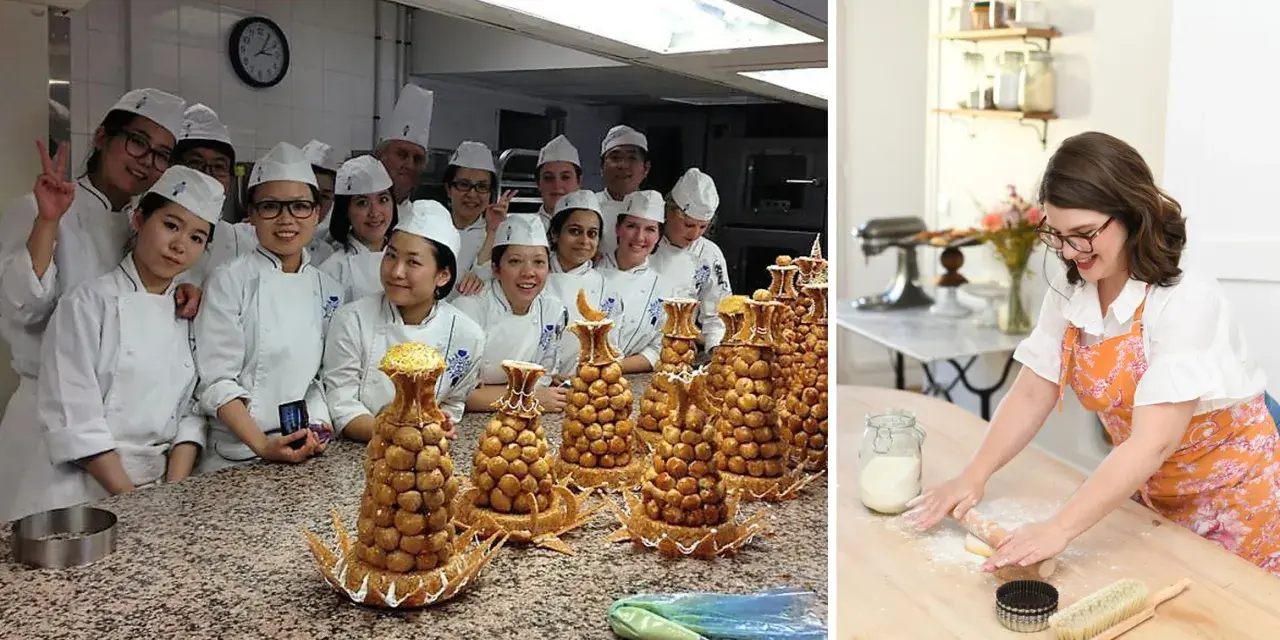 Élèves en cuisine posant avec des pièces montées de croquembouches, une spécialité du cordon bleu patisserie.