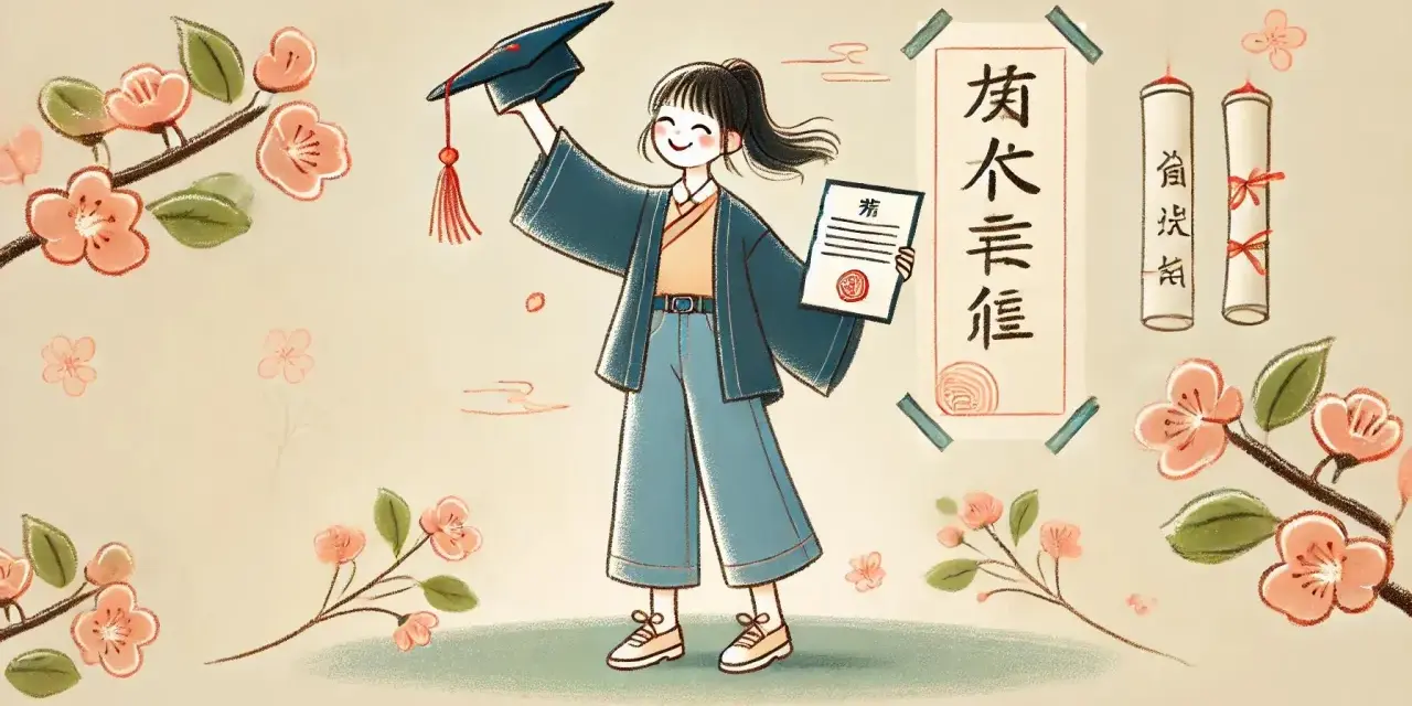 Jeune diplômée tenant son chapeau et son diplôme, célébrant l'obtention de sa licence chinois à distance. Fleurs de cerisier en arrière-plan.