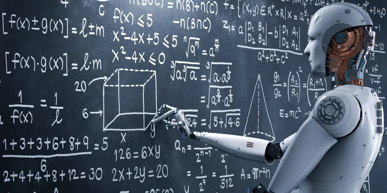 Un robot enseigne le master intelligence artificielle à distance, pointant des équations complexes sur un tableau noir.