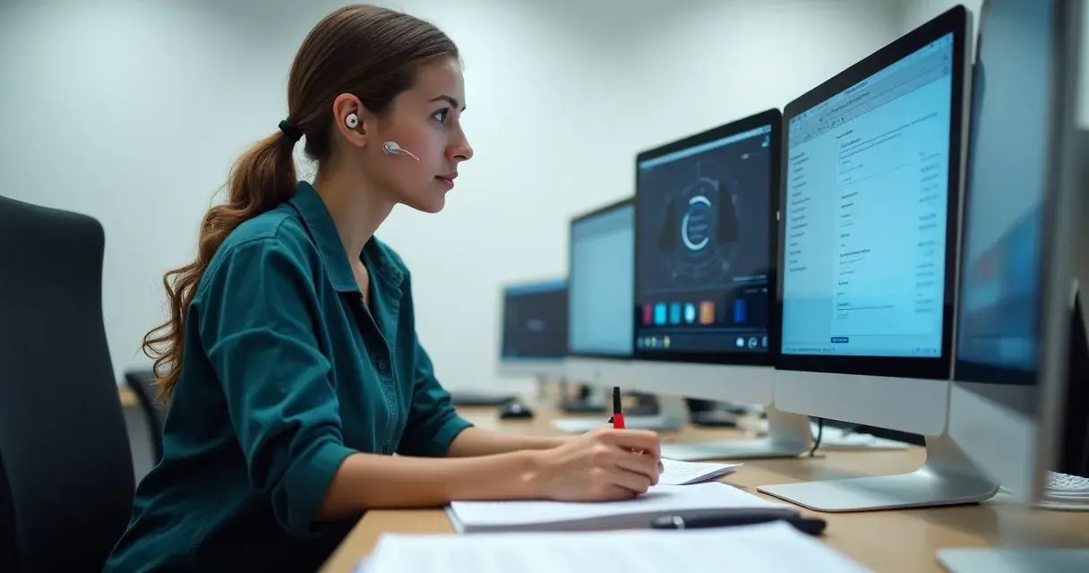 Femme en formation audioprothésiste reconversion, concentrée sur ses écrans d'ordinateur, prenant des notes.