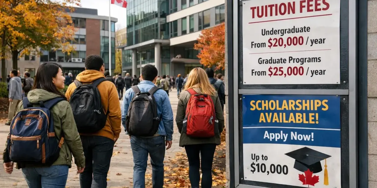 Étudiants marchant sur un campus canadien, panneau affichant les frais de scolarité et les bourses, reflétant le niveau de vie au Canada.