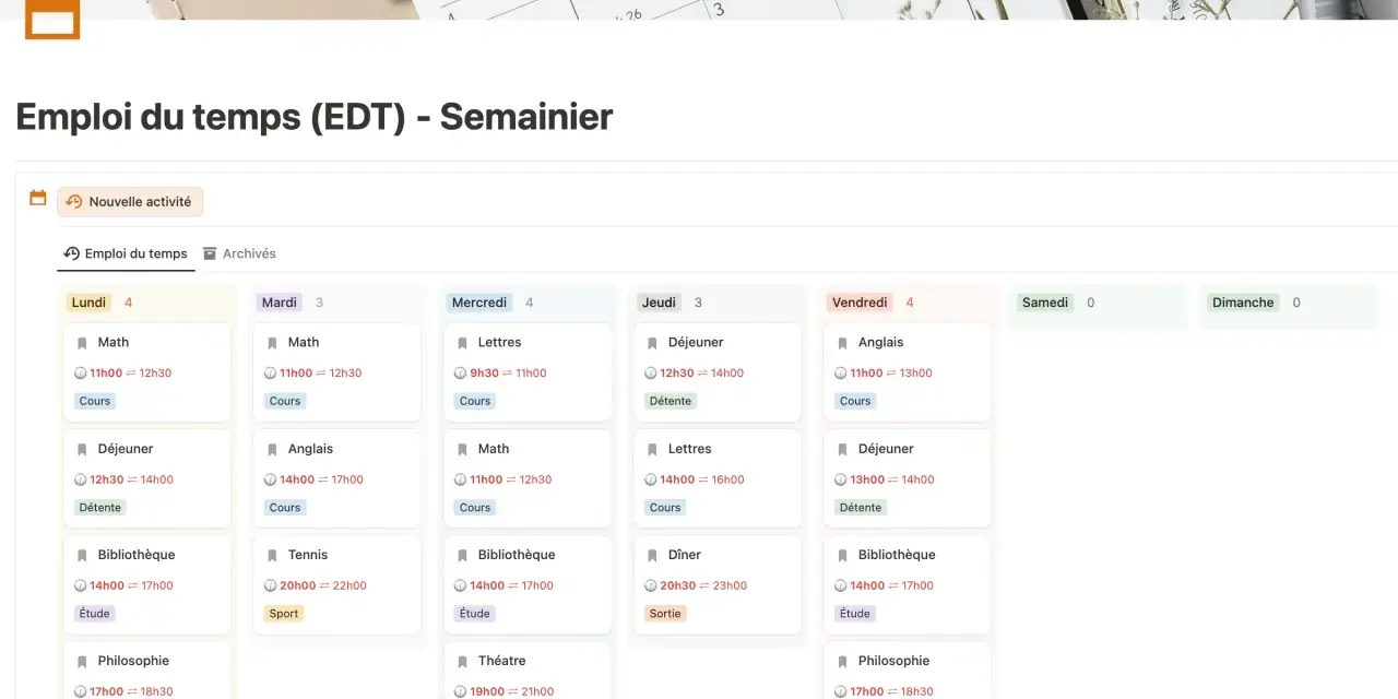 Un emploi du temps étudiant hebdomadaire, montrant la gestion du temps avec des cours, des pauses déjeuner et des activités d'étude.