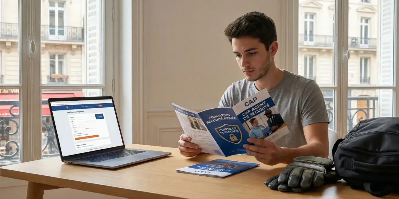 Un jeune homme lit une brochure sur le CAP Agent de Sécurité Privée, devant son ordinateur. Il prépare son avenir professionnel.