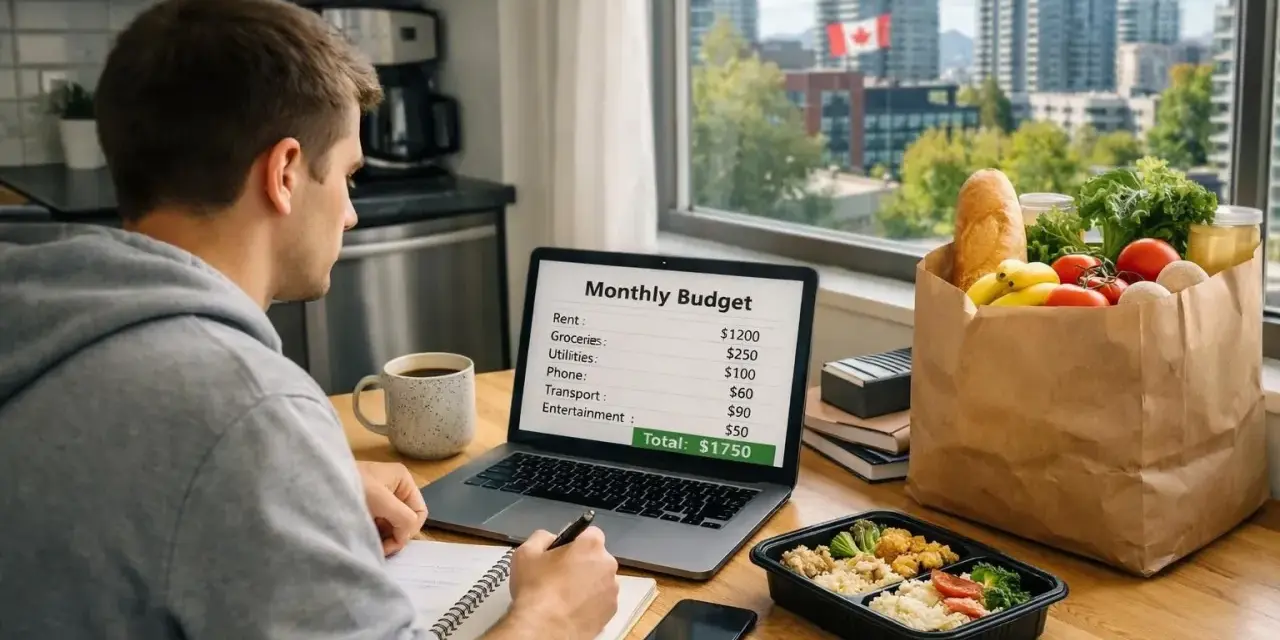 Un homme analyse son budget mensuel sur son ordinateur portable, comparant le coût de la vie au Canada. Une épicerie est à côté.