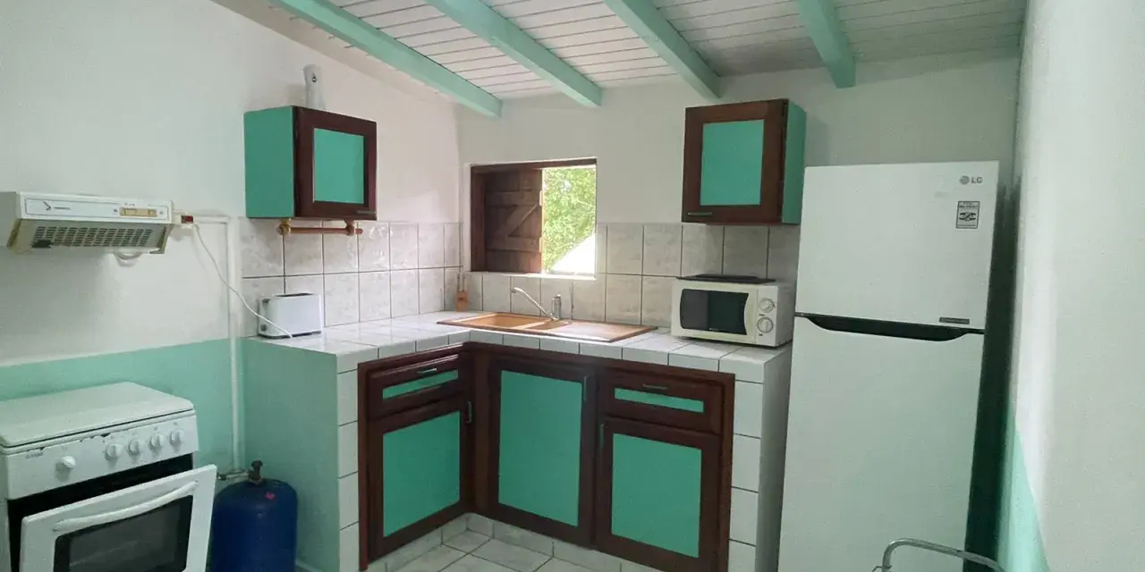 Cuisine fonctionnelle pour un logement étudiant en Guadeloupe : cuisinière, réfrigérateur, micro-ondes, évier et rangements.