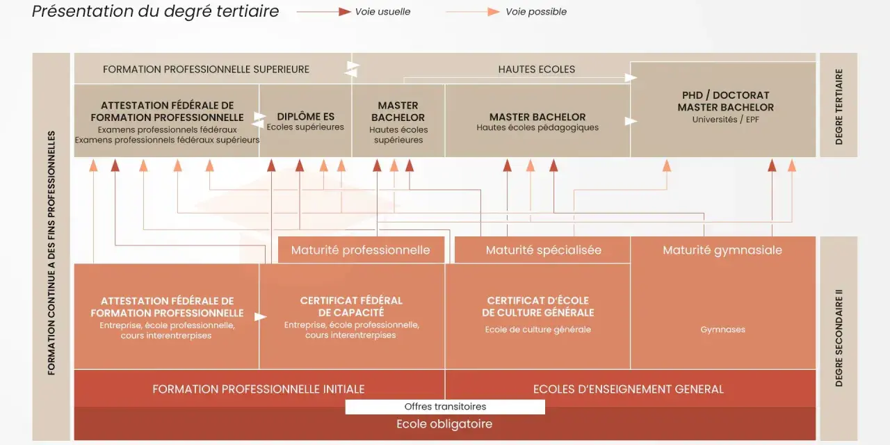 Schéma des études supérieures en Suisse, montrant les parcours de formation professionnelle et générale, de l'école obligatoire au doctorat.