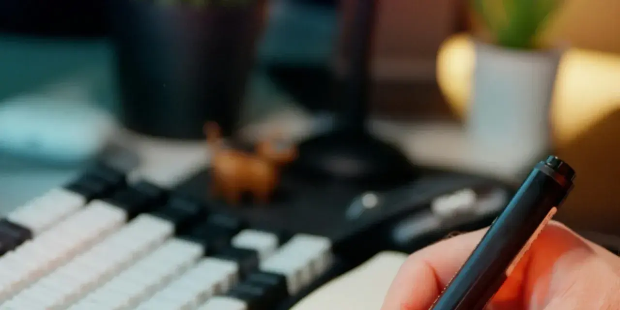 Main tenant une plume, prêt à étudier pour sa licence sociologie à distance. Un clavier mécanique et une petite figurine complètent le décor.