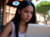 Jeune femme concentrée sur son ordinateur portable, peut-être en train d'étudier pour l'université fédérale de Santa Catarina.