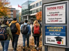 Étudiants marchant sur un campus canadien, panneau affichant les frais de scolarité et les bourses, reflétant le niveau de vie au Canada.