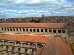 Vue aérienne de l'université pontificale de Salamanque, avec ses toits de tuiles rouges et son dôme emblématique sous un ciel nuageux.