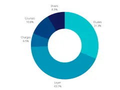 Répartition des dépenses en Hongrie : Loyer (43.1%), Études (31.3%), Courses (10.8%), Divers (8.3%), Charges (6.5%).