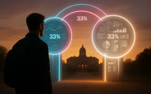 Un jeune homme regarde des cercles lumineux affichant des graphiques et "33%", symbolisant peut-être la préparation au GMAT test.