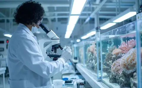 Chercheuse en blouse blanche examinant des coraux au microscope, dans le cadre de sa licence biologie marine.