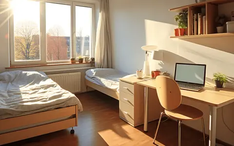 Chambre d'étudiant lumineuse avec deux lits, un bureau et un ordinateur portable. Idéal pour étudier et se détendre, loin des préoccupations du loyer moyen aux États-Unis.