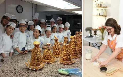 Élèves en cuisine posant avec des pièces montées de croquembouches, une spécialité du cordon bleu patisserie.