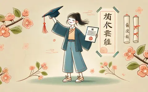 Jeune diplômée tenant son chapeau et son diplôme, célébrant l'obtention de sa licence chinois à distance. Fleurs de cerisier en arrière-plan.