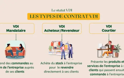 Schéma expliquant les types de contrat VDI : mandataire, acheteur/revendeur, courtier. Une formation en Belgique peut aborder ces statuts.