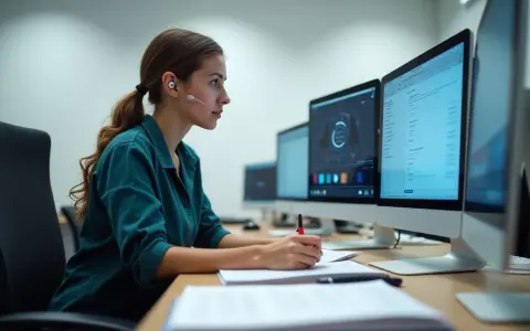 Femme en formation audioprothésiste reconversion, concentrée sur ses écrans d'ordinateur, prenant des notes.