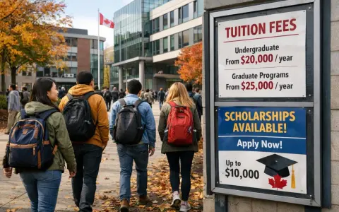 Étudiants marchant sur un campus canadien, panneau affichant les frais de scolarité et les bourses, reflétant le niveau de vie au Canada.