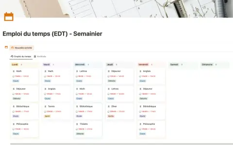 Un emploi du temps étudiant hebdomadaire, montrant la gestion du temps avec des cours, des pauses déjeuner et des activités d'étude.