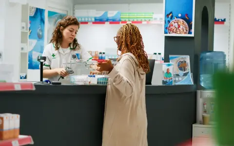 Une pharmacienne conseille une cliente. Une affiche sur la formation préparateur en pharmacie à distance est visible.