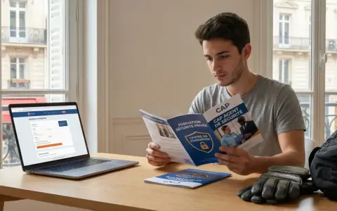 Un jeune homme lit une brochure sur le CAP Agent de Sécurité Privée, devant son ordinateur. Il prépare son avenir professionnel.