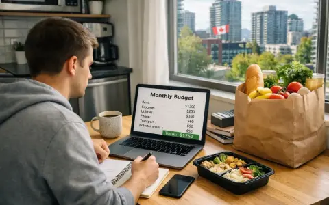Un homme analyse son budget mensuel sur son ordinateur portable, comparant le coût de la vie au Canada. Une épicerie est à côté.