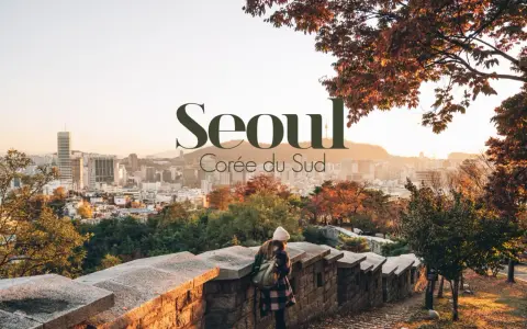 Vue panoramique de Séoul, Corée du Sud, à l'automne. Une étudiante admire le paysage urbain, peut-être en route pour la Korea University Business School.