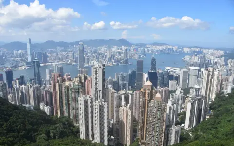 Vue panoramique de Hong Kong, avec ses gratte-ciel s'étendant jusqu'à l'horizon. On aperçoit le campus de la Hong Kong Baptist University, niché au milieu de la verdure luxuriante.