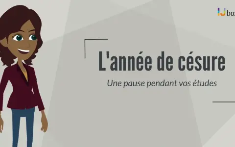 Une jeune femme souriante est représentée, avec le texte "L'année de césure : une pause pendant vos études". Parfait pour une année sabbatique après le bac.