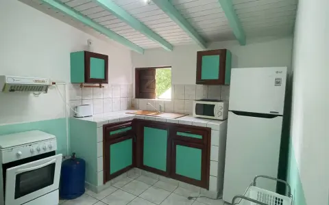 Cuisine fonctionnelle pour un logement étudiant en Guadeloupe : cuisinière, réfrigérateur, micro-ondes, évier et rangements.