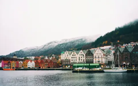 Vue du port de Bergen, Norvège, avec ses maisons colorées et ses montagnes enneigées. Un aperçu du coût de la vie en Norvège.