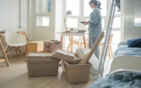 Une jeune femme déballe ses affaires dans une chambre d'étudiant au Canada. Valises et boîtes sont empilées, prête pour une nouvelle vie.