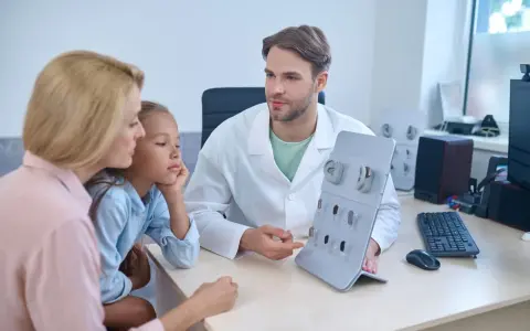 Un audioprothésiste explique des appareils auditifs à une mère et sa fille. Une scène qui pourrait illustrer la formation accélérée audioprothésiste.